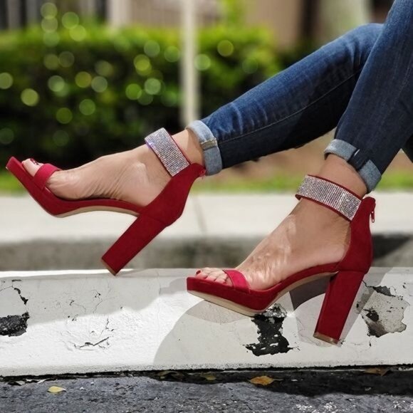 Women's Rhinestone Ankle Band Chunky High Heels Wine Color - Picture 1 of 7
